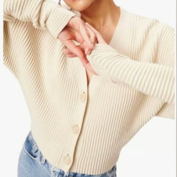 *Perfect for Fall* Adorable Good American Ribbed Beige Cotton-Blend Cardigan - Picture 1 of 7